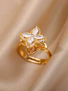 Nhẫn xoay bốn cánh hình cỏ bốn lá giảm lo âu dành cho nữ, màu vàng, làm bằng thép không gỉ, có thể điều chỉnh kích thước, kiểu nhẫn cưới, trang sức thẩm mỹ, quà tặng. - JZ8154 - Xem 1