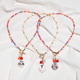 Halloween Ghost Red Heart Pendant Necklace With 4mm Synthetic Turquoise Beads, Faux Accents & Golden-Tone Spacers - Jewelry For Women, , Seathemed Design, Handcrafted Look