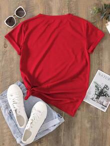 Women's Letter Print Short Sleeve T-Shirt Graphic Tees Women Tops - Đỏ - Xem 2