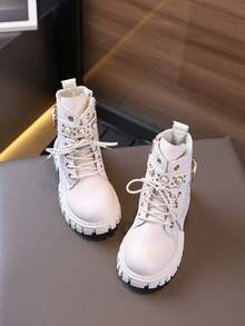 1 双儿童中帮软底防滑复古靴，骑士军靴，女童街头时尚皮革拉链短靴， - 米色 - 查看 5