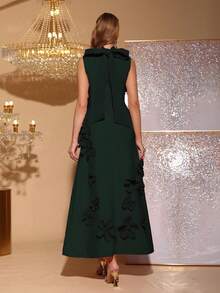 Nowa, elegancka, dopasowana sukienka bez rękawów z wysokim kołnierzem i motylkową wstążką, zdobiona motywem kwiatowym 3D, idealna dla gości weselnych, druhen, na przyjęcia świąteczne i formalne wieczorowe - Ciemnozielony - Zobacz 6