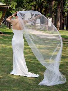 1pc Solid Color Long Simple Elegant Single Layer Bridal Veil, Suitable For Weddings, Soft Mesh Women's Holiday Headpiece Fall Clothes For Women