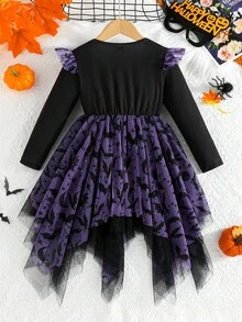 Halloween Costume Girls Bat Print Dress, Holiday Party Outfit Colorful Asymmetrical Mesh Dress For Girls - Purple - View 2