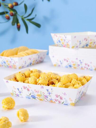 10/24pcs White Background Floral & Butterfly Printed Food Boxes, Fries Boxes, Popcorn Boxes, Suitable For Lunch Box, Bakery, Burger Restaurant, Birthday Party Decor And Movie Night Snacks