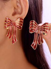 2 件时尚可爱的圣诞滴油蝴蝶结吊坠耳环，适合女性在圣诞节、节假日、日常和派对上佩戴 - 金色 - 查看 1