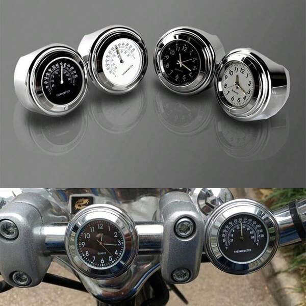 Universal Motorcycle 7/8''-1'' Handlebar Watch Dial Clock &Thermometer Temp Gauge Bobber Touring Dirt Bike