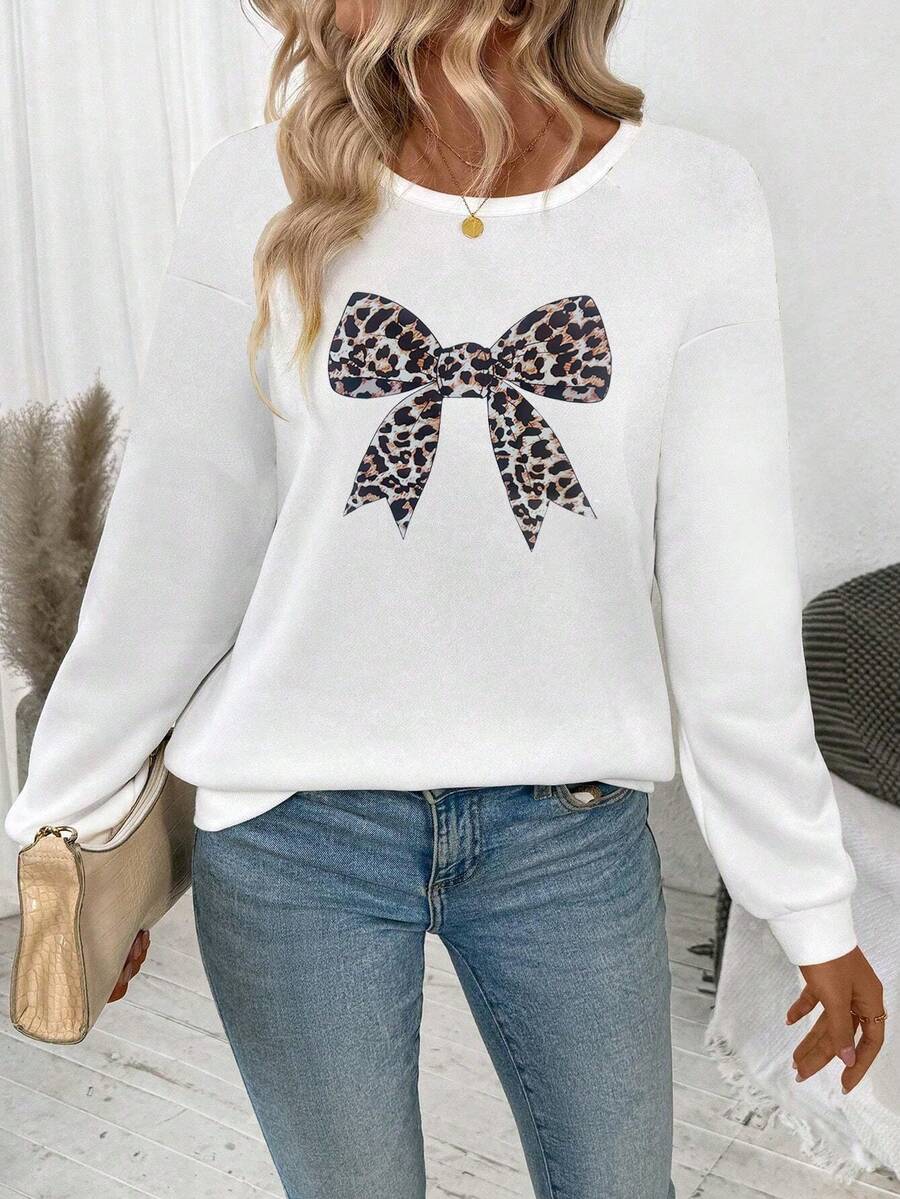 Women's Casual Leopard Print Bow Crew Neck Long Sleeve Sweatshirt, Streetwear For Daily Wear, Autumn/Winter