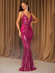Women's Contrast Color Sequin Mermaid Maxi Dress, Elegant Evening Gown - Hot Pink - View 6