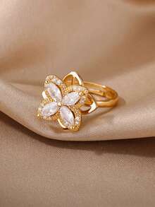 Nhẫn xoay bốn cánh hình cỏ bốn lá giảm lo âu dành cho nữ, màu vàng, làm bằng thép không gỉ, có thể điều chỉnh kích thước, kiểu nhẫn cưới, trang sức thẩm mỹ, quà tặng. - JZ8154 - Xem 4