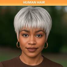 Chic Silver Grey Pixie Cut Brazilian Human Hair Wig 6" Short Straight Layered Hair Glueless Wig With Bangs 150% Density Daily Wear Wig For Women Holiday Wear Party Wear - 灰色 - 查看 1