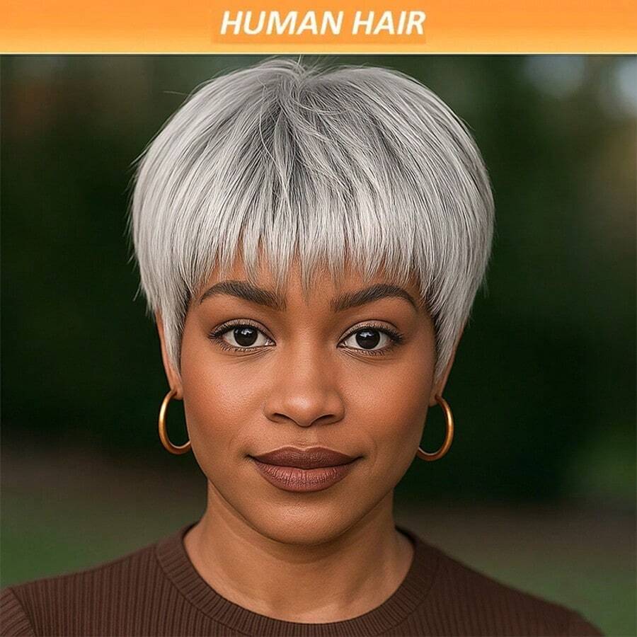 Chic Silver Grey Pixie Cut Brazilian Human Hair Wig 6" Short Straight Layered Hair Glueless Wig With Bangs 150% Density Daily Wear Wig For Women Holiday Wear Party Wear - 灰色 - 查看 1
