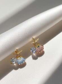 1對可愛、甜美、優雅的滴油白貝殼和海星和鑽石裝飾的海灘主題耳環,高級女士禮品珠寶 - 彩色 - 查看 2