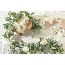 CZ Miracliy 6 Ft Eucalyptus Garland With Flowers Lambs Ear Greenery White Roses Flower Garland Fake Vines For Wedding Boho Table Mantle Backdrop Party Farmhouse Home Decor 8434 - 白玫瑰植絨 - 查看 6