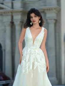 ANGELAG Elegant Deep V-Neck Backless Lace Embroidered Sleeveless Wedding Dress - Rice Skin - View 8