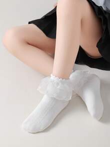 1/3 Pairs Girls White Lace Trim, Cute Ruffle Cuff Breathable Knit Crew Socks, Ins Style Princess Sailor Socks For Spring/Autumn, Suitable For Home, School, Dance, Party, Holiday Gift - Multicolor - View 3