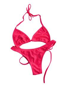 Ribbed Bikini Set, Triangle Top, Delta Wing Panties, Women's Summer, Without Pads, Beach - Đỏ - Xem 8