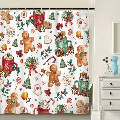 1 Pc - Polyester - Merry Christmas Shower Curtain, Cute Christmas Gingerbread, Snowflake, Hot Cocoa, New Year Winter Holiday Christmas Gift, Bathroom Home Decor, Waterproof Material - 71 Inches * 71 Inches, With 12 Plastic Hooks Bathroom Decor