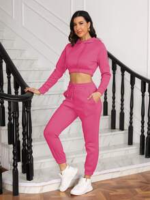Women's 2 Pieces Thermal Lined Casual Set, Includes Long Sleeve Hoodie Sweatshirt Top And Slim Fit Sweatpants, Autumn/Winter - Hot Pink - View 2