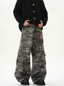 1 Stück Retro Amerikanischer High Street Utility Camouflage Patchwork Lässige Weite Bein Jeans Cargo Hose für Herren, Emo Stil