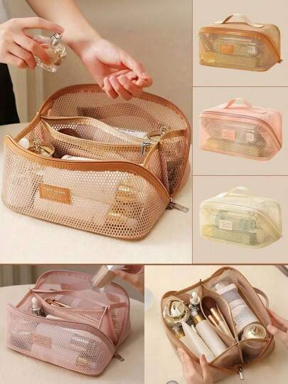 Large Capacity Nylon Mesh Toiletry Bag, Summer Travel Makeup Organizer Bag, Cosmetic Bag, Breathable Multi-Layer Cosmetic Organizer Bag, Portable Travel Makeup Bag, Fashion Travel Toiletry Bag, Makeup Tool Storage Pouch, With Compartments For Toiletries And Makeup Tools, Minimalist Style With Zipper Closure, Top Single-Hand Carry Handle, Perforated Design, Travel Essential, Cruise Must-Have