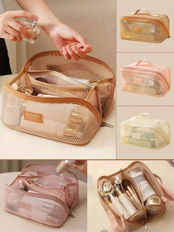 Large Capacity Nylon Mesh Toiletry Bag, Summer Travel Makeup Organizer Bag, Cosmetic Bag, Breathable Multi-Layer Cosmetic Organizer Bag, Portable Travel Makeup Bag, Fashion Travel Toiletry Bag, Makeup Tool Storage Pouch, With Compartments For Toiletries And Makeup Tools, Minimalist Style With Zipper Closure, Top Single-Hand Carry Handle, Perforated Design, Travel Essential, Cruise Must-Have