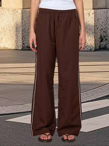 Women Wide Leg Pants Casual Side Stripe Elastic Waist Loose Trousers For Work Office Streetwear - 咖啡棕 - 查看 2