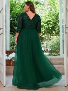 Vestido formal de gala de talla grande para mujer, con lentejuelas y corte evasé - Verde Oscuro - Ver 9