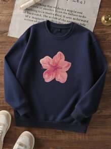 1pc Girls Casual Printed Crew Neck Sweatshirt, Long Sleeve Top For Students, Autumn/Winter - Navy Blue - View 3