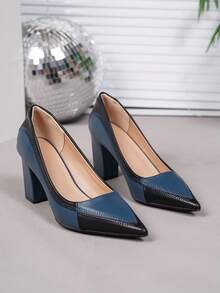 Women's Fashion New Elegant Pointed Toe Chunky Heel Glossy Black & White Contrast Color High Heels, Comfortable And Sophisticated