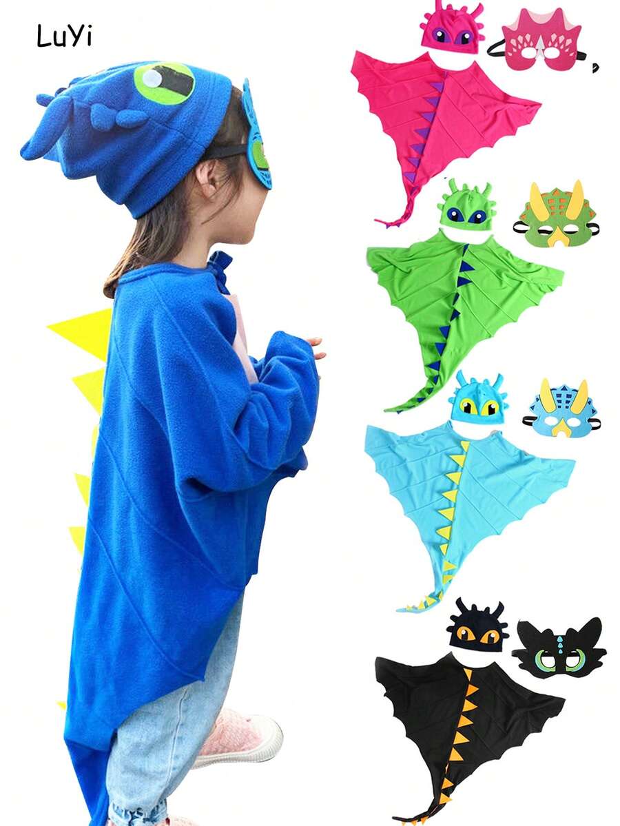3pcs Set - Dinosaur Cape, Hat And Mask, Children's Performance Costume For Halloween, Christmas, Cosplay, Birthday Party, Role-Playing, Suitable Gift For Boys And Girls - Multicolor - View 1