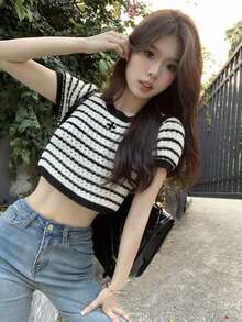 女式撞色条纹圆领插肩针织打底 T 恤，全新夏季百搭上衣 - 黑與白 - 查看 7