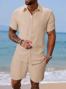 Conjunto de camisa casual para hombre, camisa de manga corta de color liso y pantalones cortos con cintura con cordón - Caqui - Ver 2
