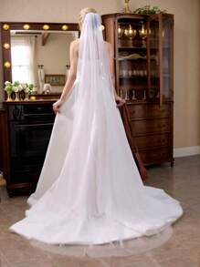 1pc Solid Color Long Simple Elegant Single Layer Bridal Veil, Suitable For Weddings, Soft Mesh Women's Holiday Headpiece Fall Clothes For Women