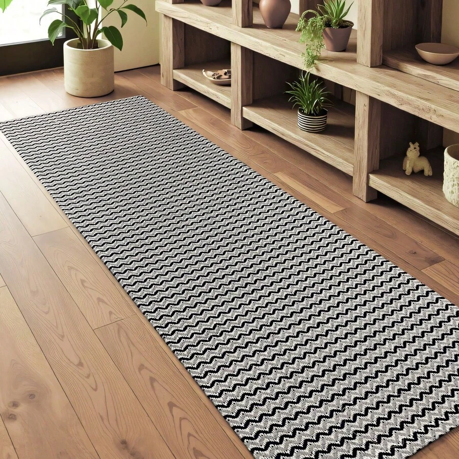 Individual Runner Rug Various Sizes - 100% Cotton Home Living Room Bedroom Kitchen - 黑色/灰色 - 查看 1