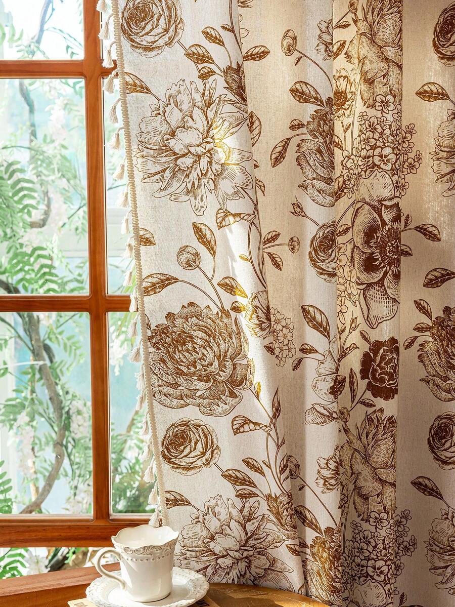 1 件复古金色花卉印花窗帘，杆袋设计，米色流苏半透明厨房短窗帘，房间隔断，门帘，可水洗，适用于家庭、卧室、书房、客厅、阳台、露台、窗扉、装饰，所有季节，秋季 - 金色 - 查看 1