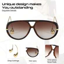 HYCHIC Women's Traditional Aviator Sunglasses Droplet Metal Ball Temple Ends Lightweight UV400 Fits More Face Shapes Fashion Focus Street Style - A11-淺玳瑁色/2棕色 - 查看 5