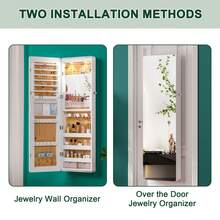 LED Mirror Jewelry Cabinet,47.2" Wall Mounted Jewelry Organizer With Full-Length Mirror,Over The Door Hanging Jewelry Armoire Storage Cabinet,Folding Dresser,2 Drawers,Lockable, 3 Shelves - 白色 - 查看 6