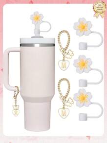 3 件/2 件适用于 30-40 盎司杯子的配件、粉色字母杯标记和硅胶芙蓉花吸管盖、硅胶防滑防刮保护套、可重复使用的 10 毫米大直径吸管吸管盖、适合现代简约玻璃杯的可爱字母装饰