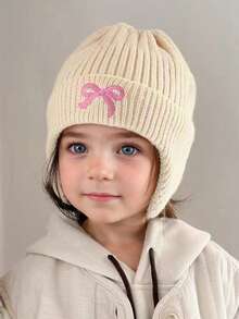 1pc Kids Beanie Hat, Autumn/Winter Thick Knitted Ear Warmer Hat For Girls, Butterfly Decor Warm Headwear, Suitable For Outdoor, Fits 3-8 Years Old - Multicolor - View 4