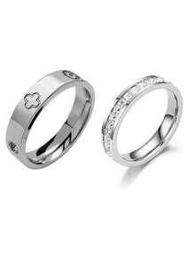 2 件不锈钢单排和双排简约方晶锆石金色可叠戴戒指，适合女士日常佩戴 - 四葉草銀色 - 查看 3