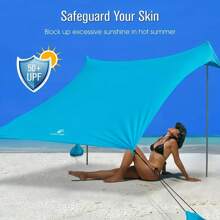 Cort pliabil portabil automat, cort de plajă cu protecție UV UPF 50+, adăpost solar, baldachin portabil cu 4 saci de nisip, stâlpi și frânghii anti-vânt pentru camping, curte, picnicuri, plajă și întâlniri în aer liber, adăpost solar pentru cort de plajă, adăpost pentru curte, elemente esențiale pentru picnic, suport robust pentru stâlpi, cort de plajă pliabil automat, protecție UV, cort de camping