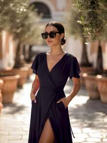 Vestido Largo  Liso    Elegante    ABERTURAS  Nudo  Envolvente    Ideal Para  Boda  Oficina  Casa - Negro - Ver 2