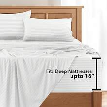 Lux Decor 4 Pc Stripe Bed Sheets, High GSM Brushed Microfiber Bedding Set With Deep Pocket Fitted Sheet & Pillowcases. Soft, Breathable, Hypoallergenic, Easy Care, And Wrinkle Resistant For Year-Round Comfort And A Classic Hotel-Quality Look. - 白色 - 查看 4