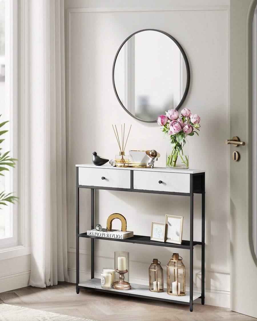 Table d'Entrée Étroite, avec 2 Tiroirs en Tissu, Meuble Console, Bout de Canapé sur 3 Niveaux, 24 x 76 x 80 cm, pour Entrée, Salon, Blanc Marbré et Noir d'encre - Blanc - Voir 1