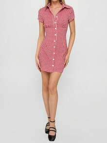 Women Plaid Shirt Dress Slim Fit Collared Short Sleeve Button-Up A-Line Mini Dress Casual Summer Streetwear - 紅色 - 查看 7