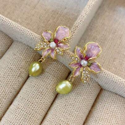 1 Pair Faux Pearl Flower Earrings, Featuring A Vintage And Antique Style, Unique Design, And Elegant Quality, Representing A New Chinese Style Earring. Ideal Gifts For Valentine's Day 2025, Mother's Day, Back-To-School Season, And Gatherings
