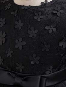 女童圆领长袖蕾丝网纱3D花朵蝴蝶结优雅花童礼服，适合正式派对、生日等场合，不含头饰 - 黑色 - 查看 5