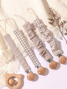 4 piezas de Clips para chupetes de bebé, a cuadros, lunares, unicolor azul/rosa/caqui, clips de chupete de madera con 3 agujeros, aptos para uso diario