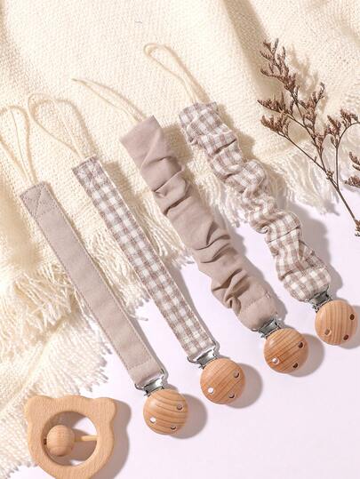 4pcs Baby Pacifier Clips, Plaid, Polka Dot, Solid Color Blue/Pink/Khaki, Wooden 3-Hole Pacifier Clips, Suitable For Daily Use