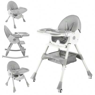 OYAJIA Baby High Chair 3 In 1 Highchair Adjustable Height 3 Positions Rocking Seat Convertible High-Chair Portable RockingChair Foldable Baby Dining Chair With Removable Tray Grey
